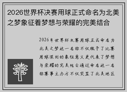 2026世界杯决赛用球正式命名为北美之梦象征着梦想与荣耀的完美结合