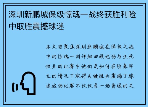 深圳新鹏城保级惊魂一战终获胜利险中取胜震撼球迷